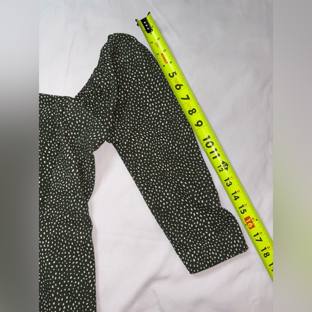 Leith Size M Green & White Square Neck Half Sleeve Boho Spring Mini Dress - Picture 5 of 9